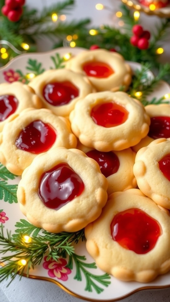 A plate of Christmas jam thumbprint cookies with colorful jam centers, decorated for the holidays.
